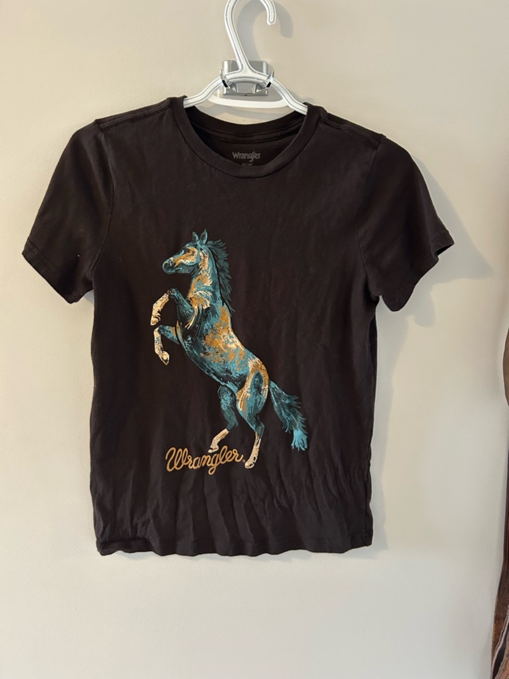Wrangler Black Tee with Teal and Gold Horse Graphic
